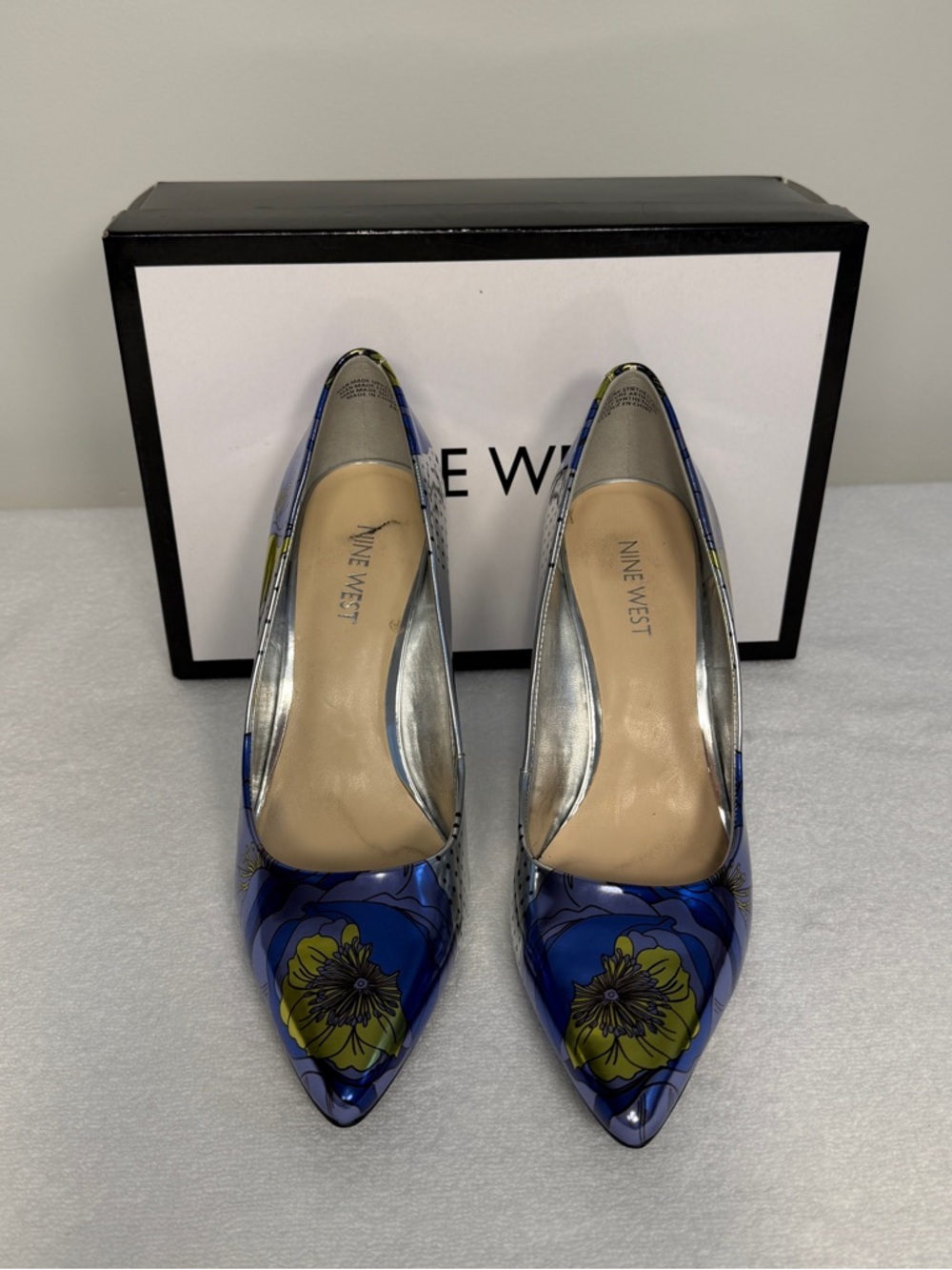 Nine West Metallic Floral Pumps Blue Purple Pointed Toe Stiletto Heels Size 8.5 - Picture 2 of 6